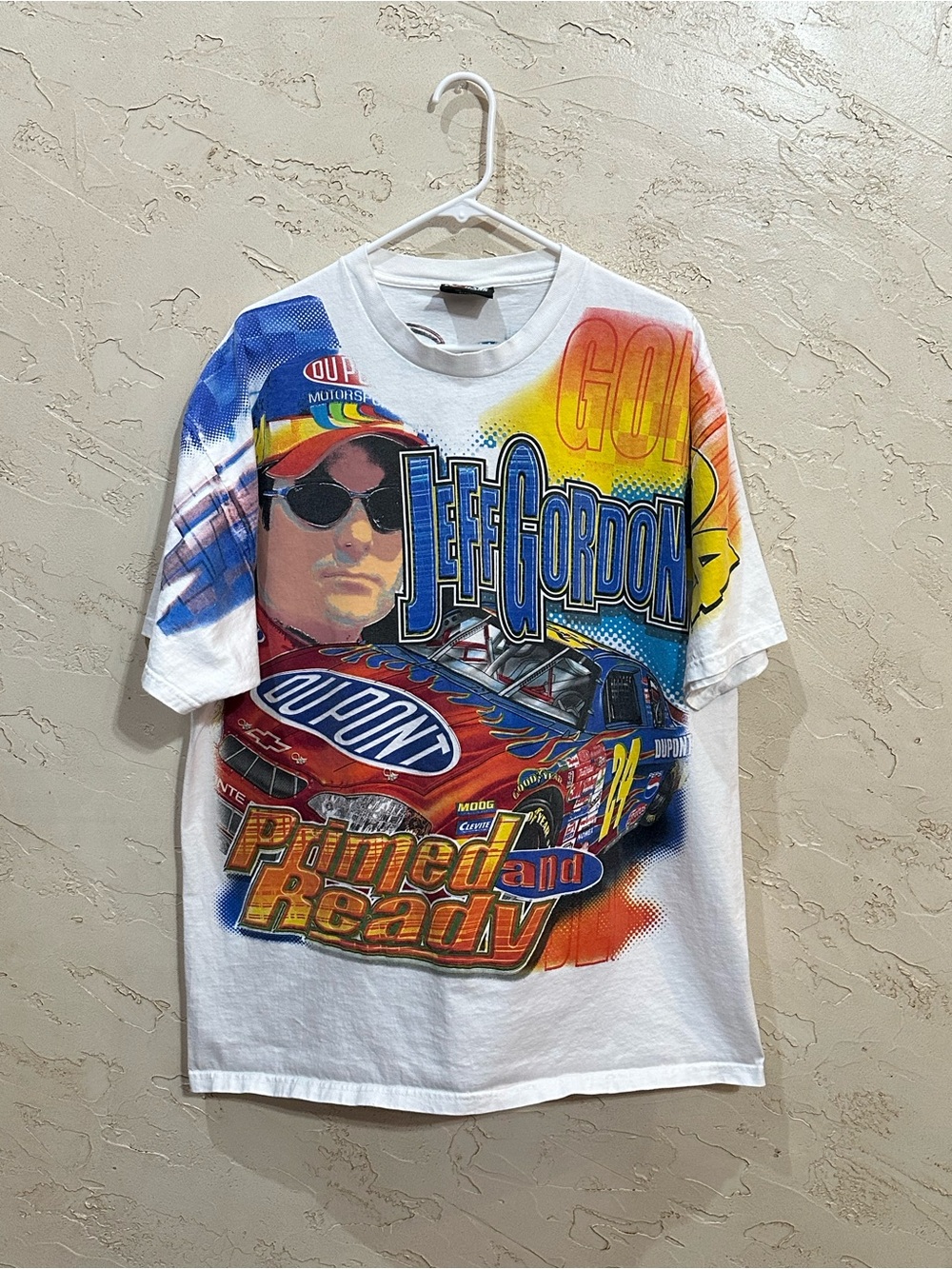 Vintage 2001 Jeff Gordon NASCAR DuPont Double Sided All Over Print Shirt Size L
